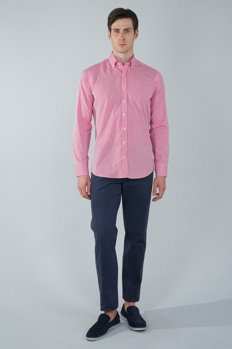 Uzun Kol Paşa Yaka Cepsiz Kırmızı Pamuk Erkek Gömlek - 5