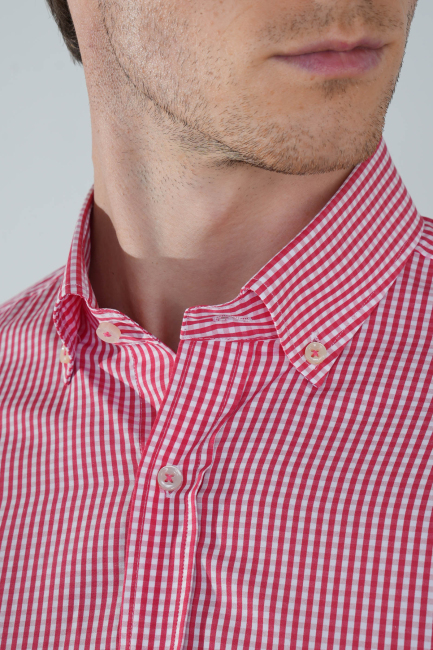 Uzun Kol Paşa Yaka Cepsiz Kırmızı Pamuk Erkek Gömlek - 3