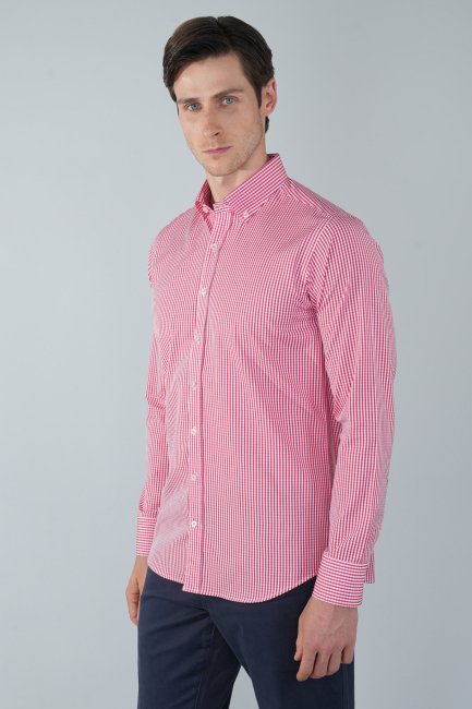 Uzun Kol Paşa Yaka Cepsiz Kırmızı Pamuk Erkek Gömlek - 1