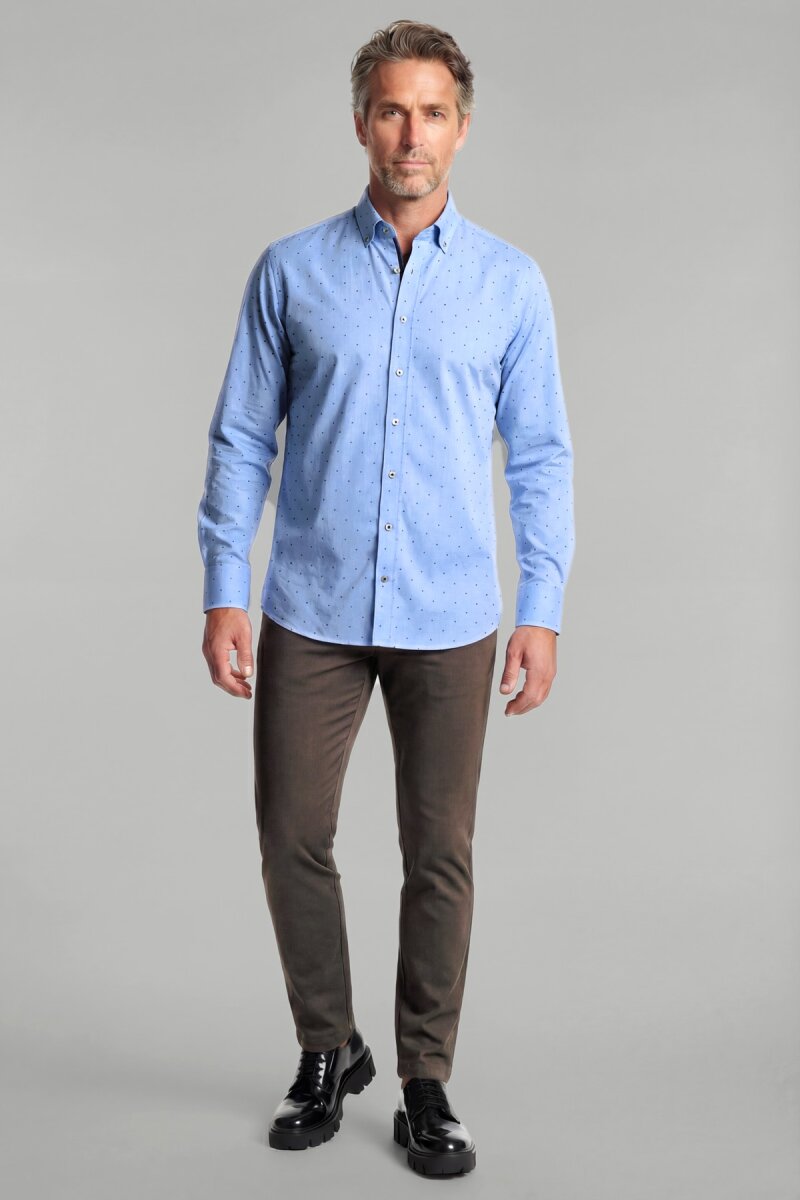 Uzun Kol Paşa Yaka Cepsiz Mavi Pamuk Erkek Gömlek - 4