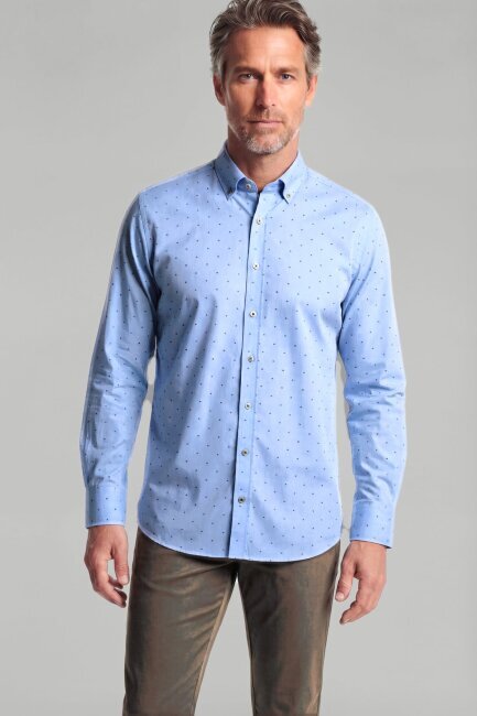 Uzun Kol Paşa Yaka Cepsiz Mavi Pamuk Erkek Gömlek - 1