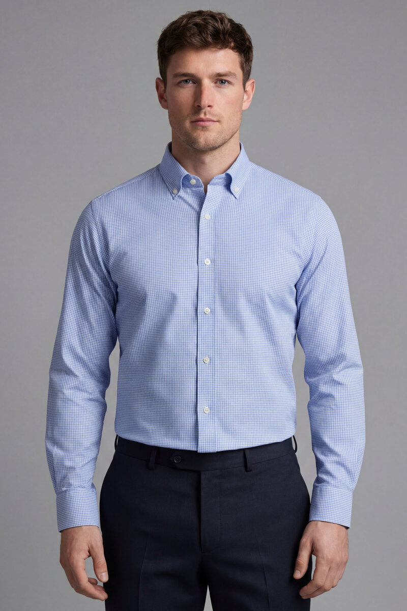 Regular Fit Uzun Kol Paşa Yaka Cepsiz Pamuk Mavi Erkek Gömlek - 1