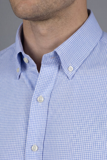 Regular Fit Uzun Kol Paşa Yaka Cepsiz Pamuk Mavi Erkek Gömlek - 3