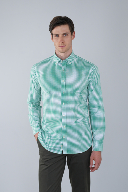 Uzun Kol Paşa Yaka Cepsiz Yeşil Pamuk Erkek Gömlek 