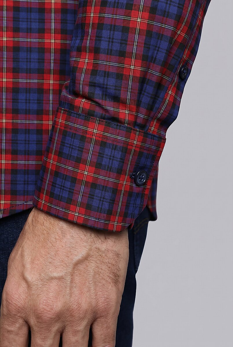 Kırmızı Regular Fit Pamuk Uzun Paşa Yaka Çi̇ft Kapakli Gömlek - 4