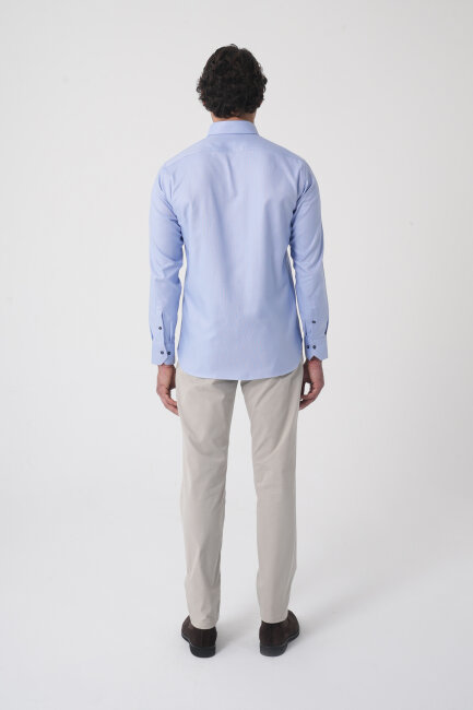 Uzun Kol Paşa Yaka Mavi Cepsiz Erkek Gömlek - 7