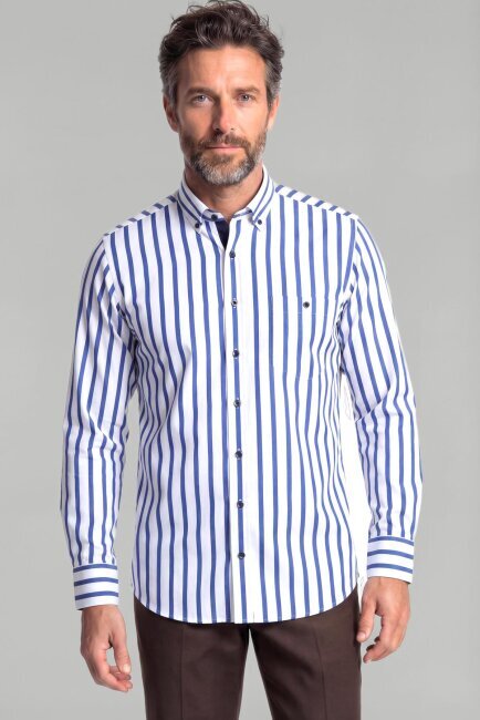 Uzun Kol Paşa Yaka Tek Cep Mavi Gömlek - 1