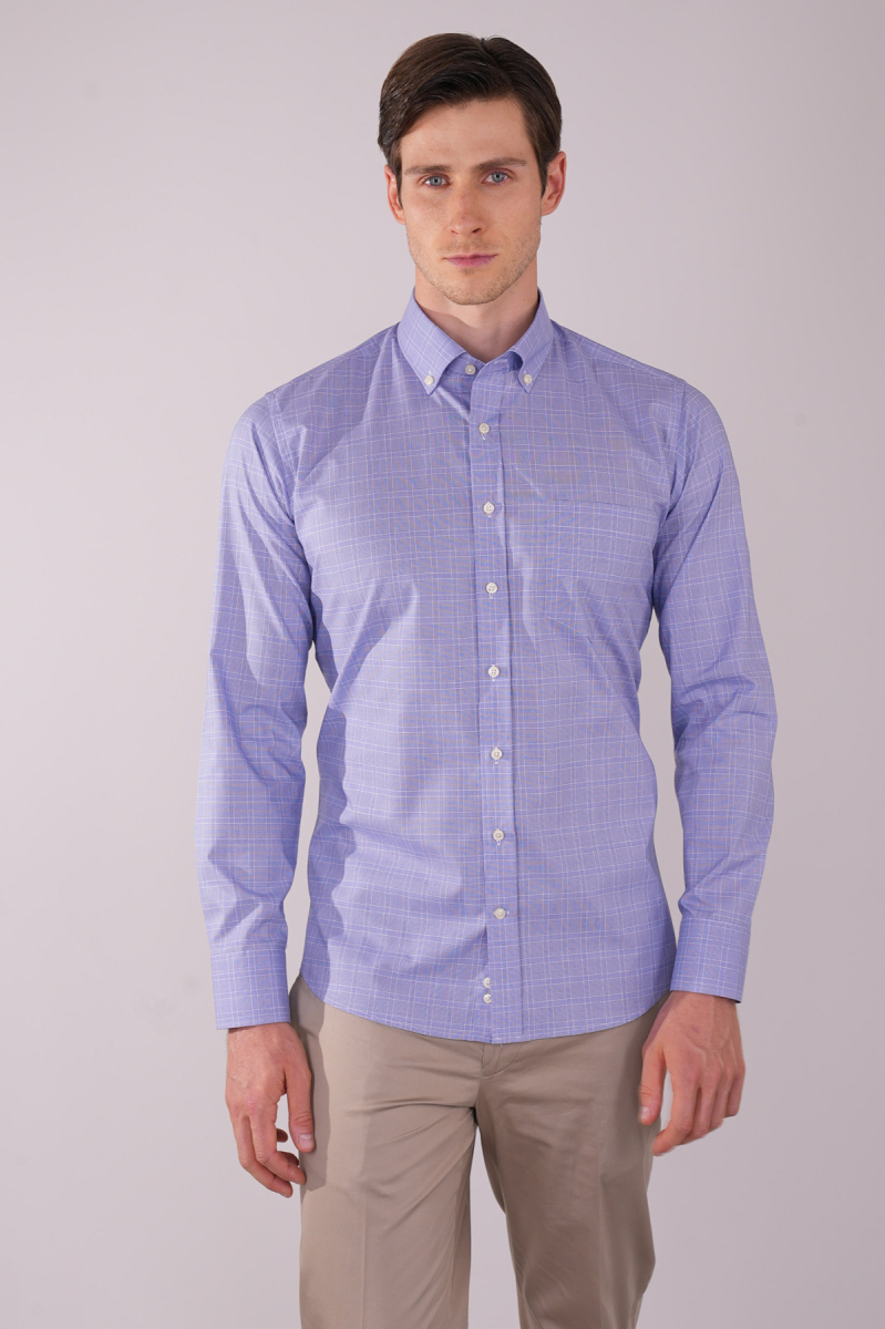 Uzun Kol Paşa Yaka Tek Cep Mavi Pamuk Erkek Gömlek - 1