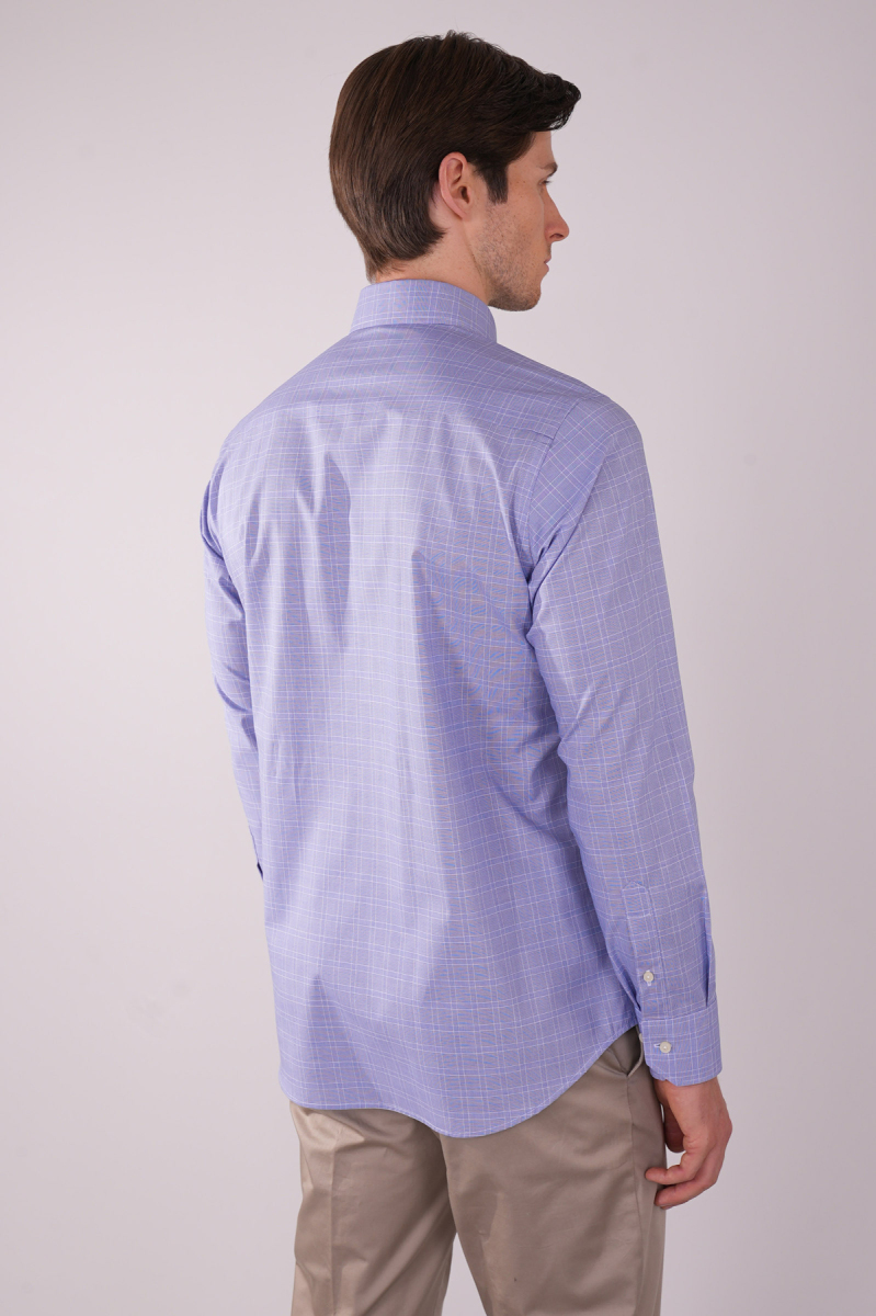 Uzun Kol Paşa Yaka Tek Cep Mavi Pamuk Erkek Gömlek - 2