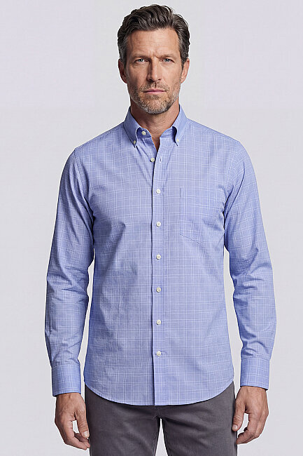 Uzun Kol Paşa Yaka Tek Cep Mavi Pamuk Erkek Gömlek - 1