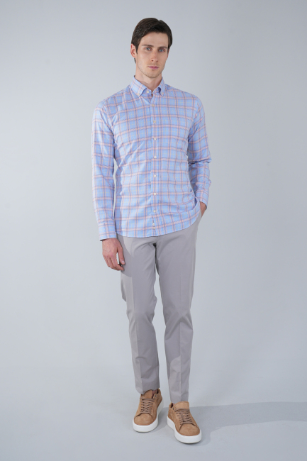 Uzun Kol Paşa Yaka Tek Cep Turuncu Pamuk Erkek Gömlek - 5