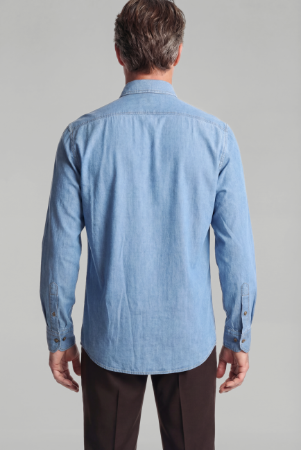 Uzun Kol Spor Yaka Çift Cep Kapaklı Denim Gömlek  - 2