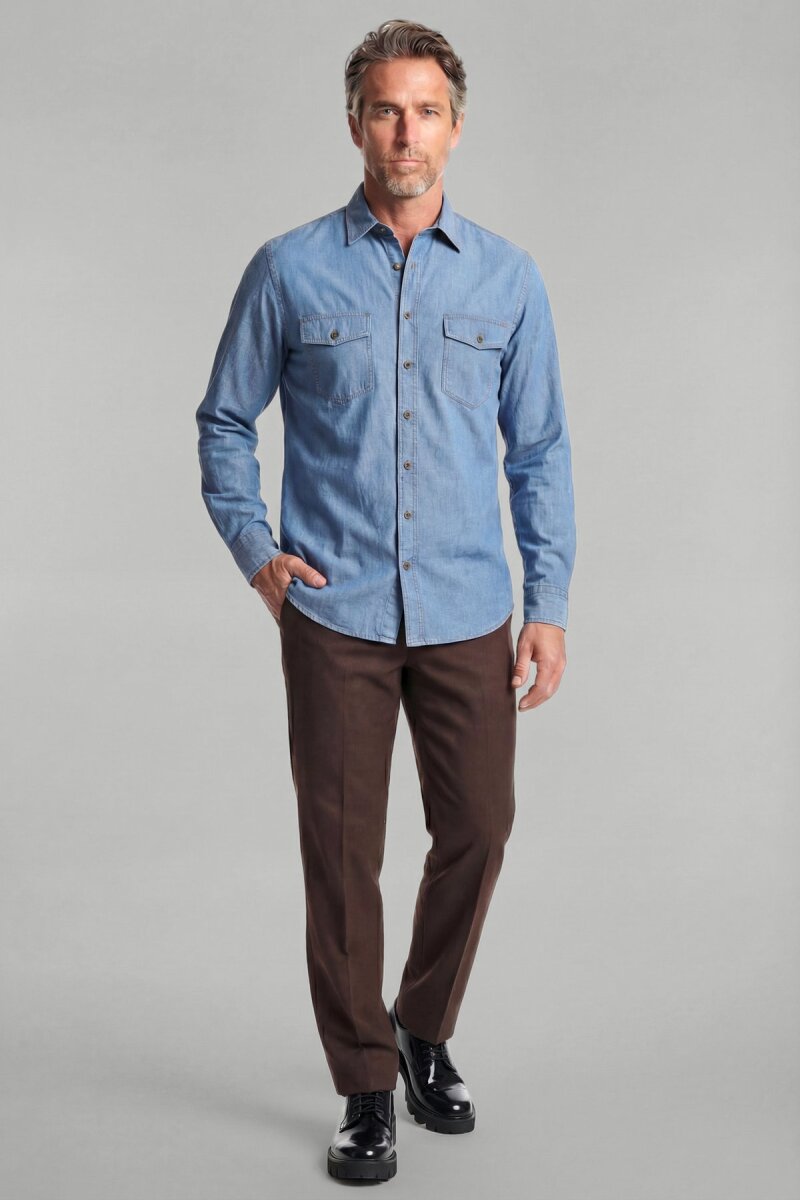 Uzun Kol Spor Yaka Çift Cep Kapaklı Denim Gömlek  - 4