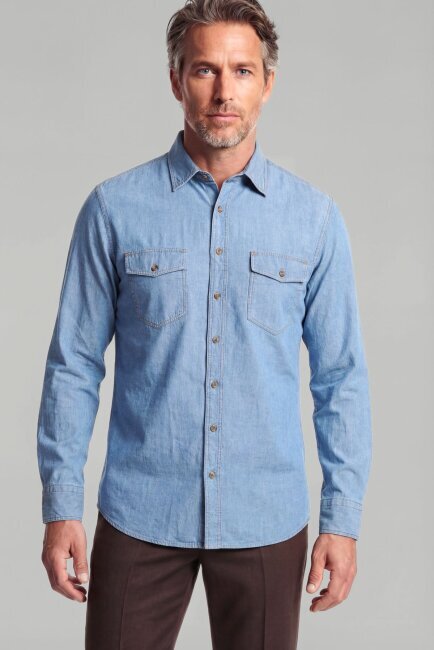 Uzun Kol Spor Yaka Çift Cep Kapaklı Denim Gömlek  - 1