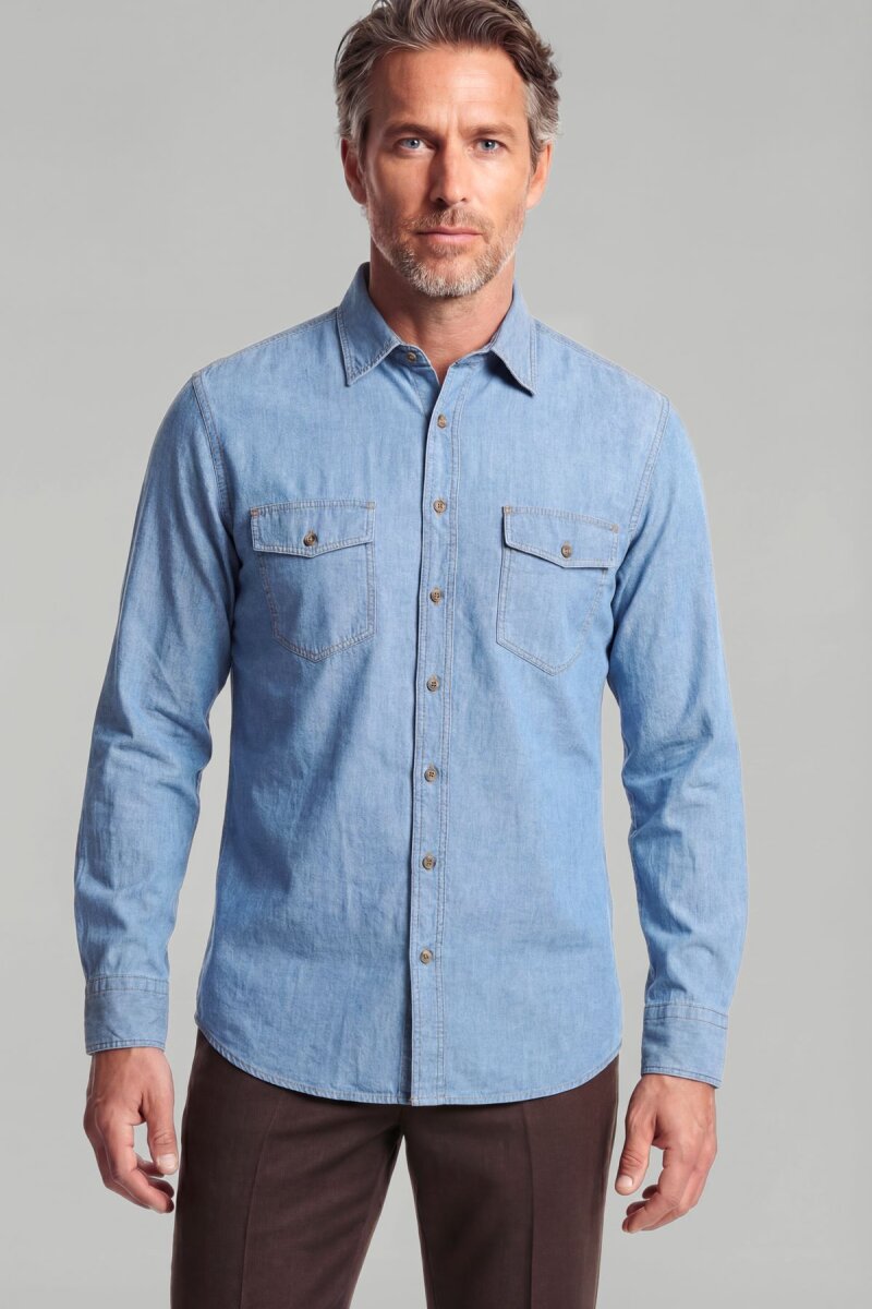 Uzun Kol Spor Yaka Çift Cep Kapaklı Denim Gömlek  - 1