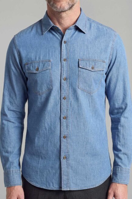 Uzun Kol Spor Yaka Çift Cep Kapaklı Denim Gömlek  - 3