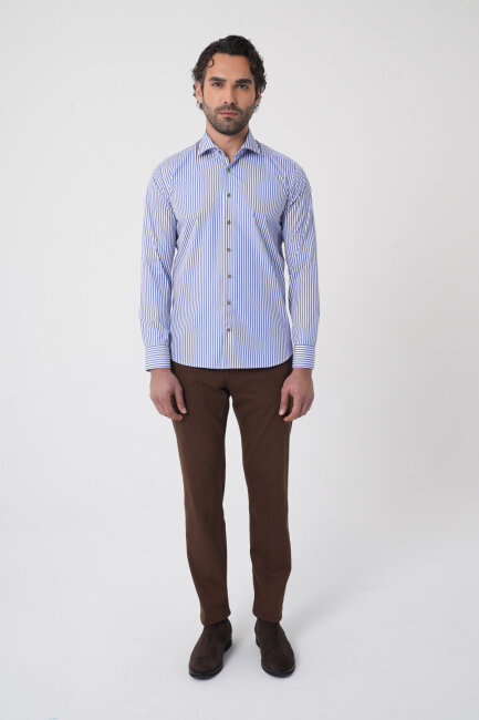 Uzun Kollu İtalyan Yaka Mavi Desenli Erkek Gömlek - 3