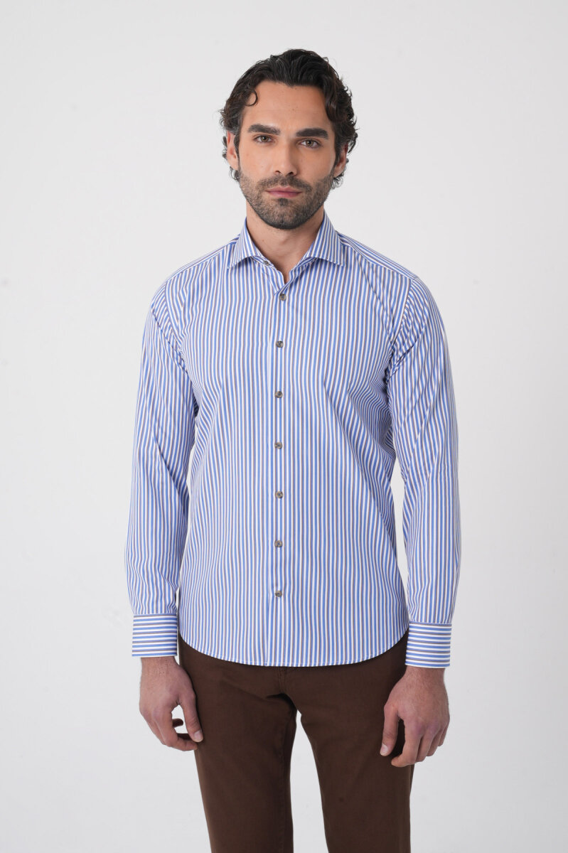 Uzun Kollu İtalyan Yaka Mavi Desenli Erkek Gömlek - 1