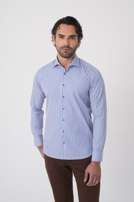 Uzun Kollu İtalyan Yaka Mavi Desenli Erkek Gömlek - 2