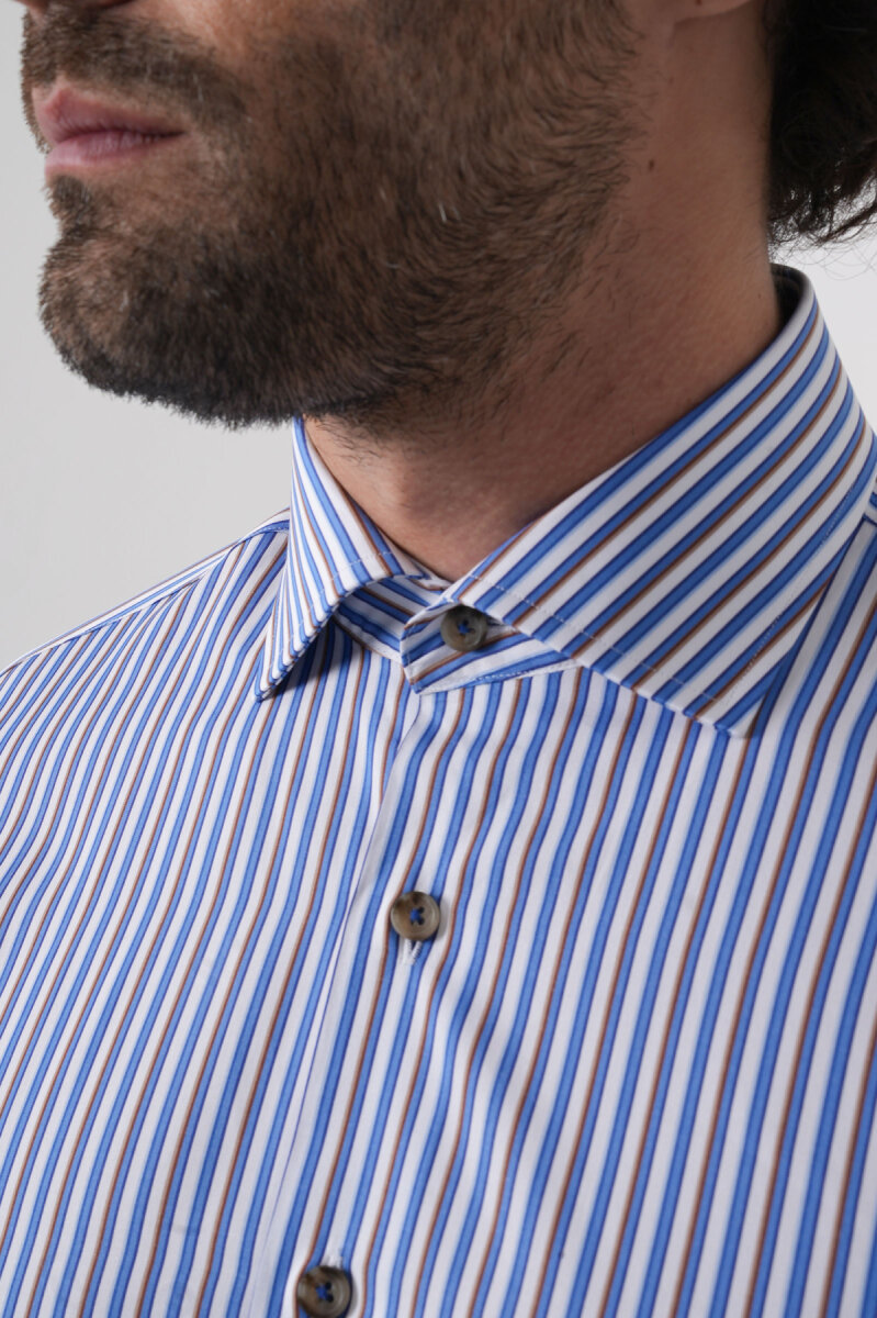 Uzun Kollu İtalyan Yaka Mavi Desenli Erkek Gömlek - 7