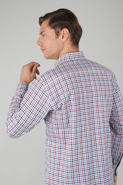 Uzun Kollu Kareli Regular Fit  Erkek Pamuk Gömlek Kiremit (1)