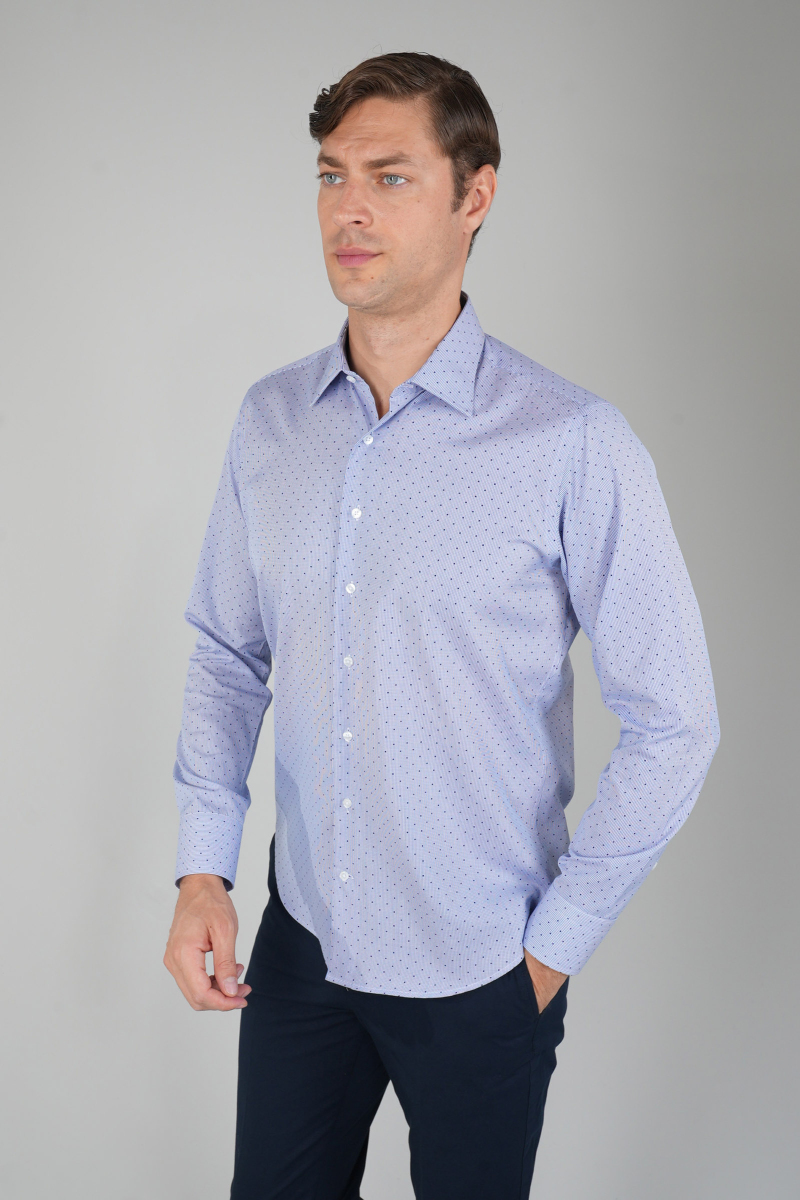 Uzun Kollu Klasik Mavi Regular Fit Erkek Gömkek - 3