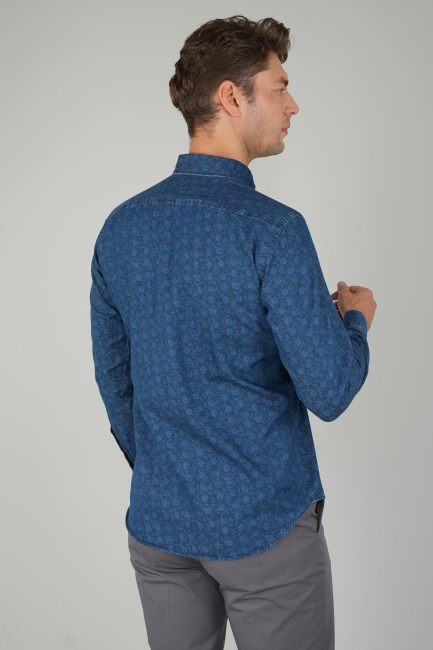 Uzun Kollu Lacivert Denim Desenli Erkek Gömlek (1)