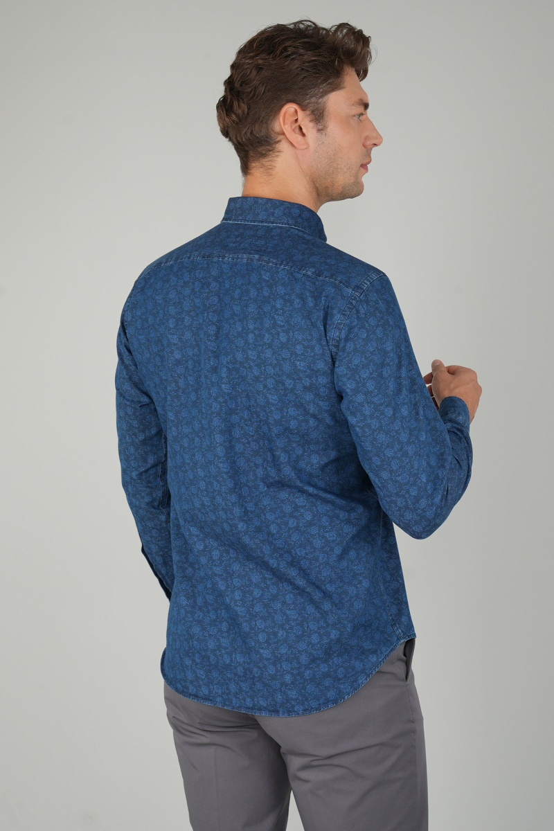 Uzun Kollu Lacivert Denim Desenli Erkek Gömlek (1)