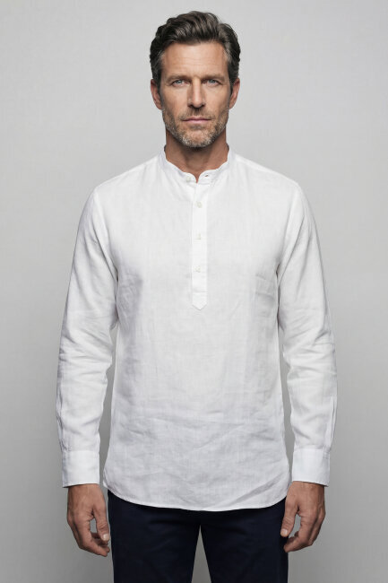 Uzun Kollu Paşa Yaka Cepsiz Sedef Düğmeli Erkek Keten Gömlek Beyaz Beyaz