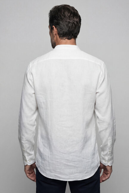 Uzun Kollu Paşa Yaka Cepsiz Sedef Düğmeli Erkek Keten Gömlek Beyaz - 2