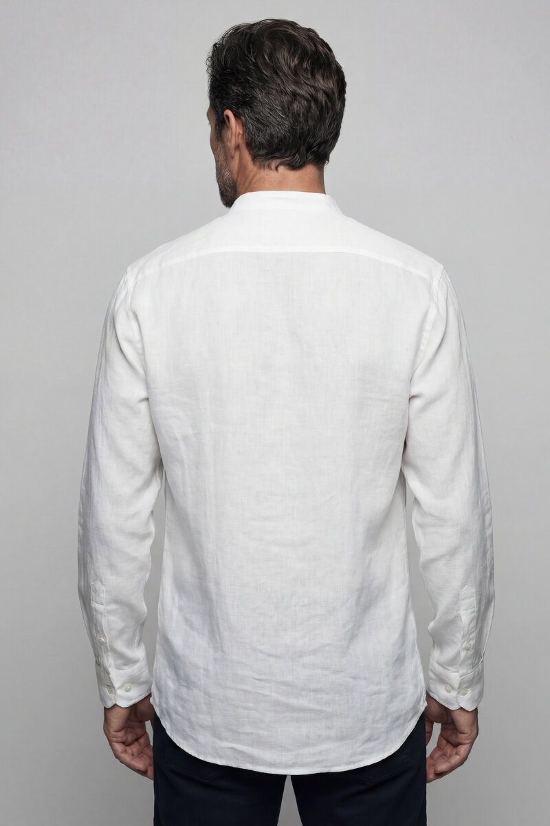 Uzun Kollu Paşa Yaka Cepsiz Sedef Düğmeli Erkek Keten Gömlek Beyaz - 2