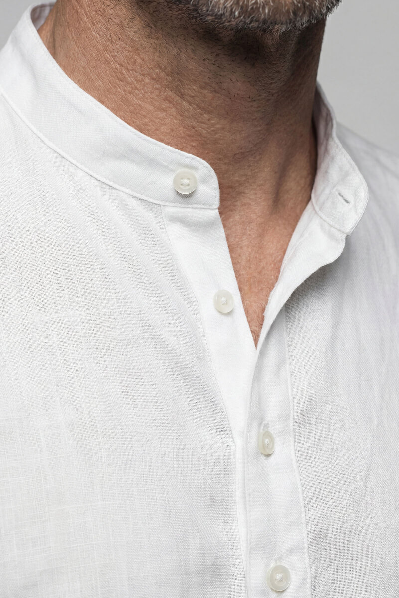 Uzun Kollu Paşa Yaka Cepsiz Sedef Düğmeli Erkek Keten Gömlek Beyaz - 3
