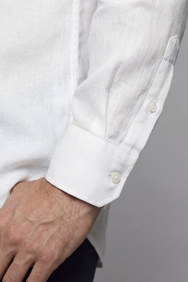 Uzun Kollu Paşa Yaka Cepsiz Sedef Düğmeli Erkek Keten Gömlek Beyaz - 4