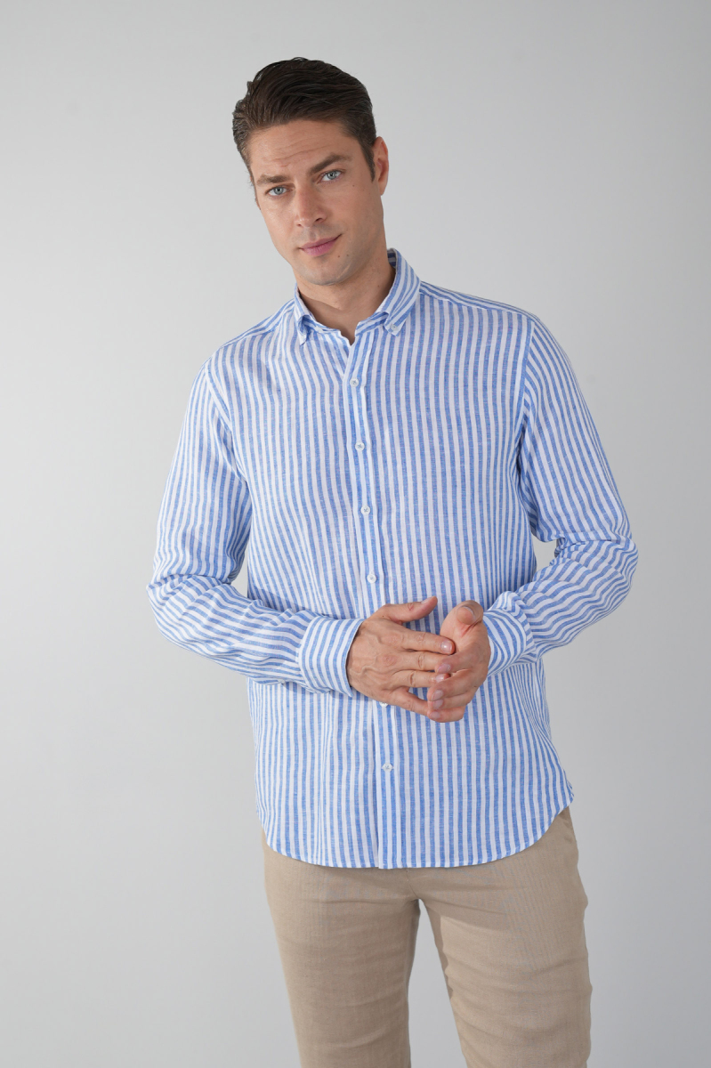 Uzun Kollu Paşa Yaka Cepsiz Sedef Düğmeli Erkek Keten Gömlek Lacivert - 1