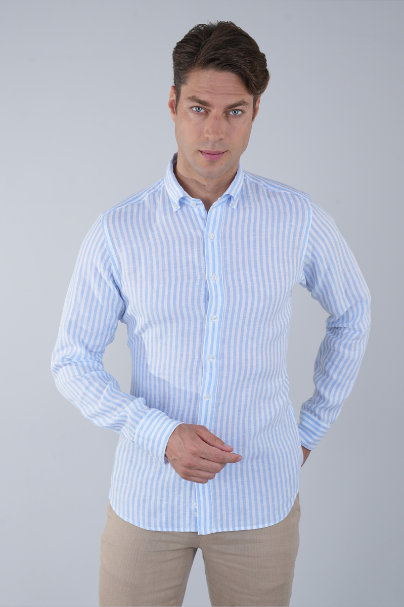 Uzun Kollu Paşa Yaka Cepsiz Sedef Düğmeli Erkek Keten Gömlek Mavi - 1