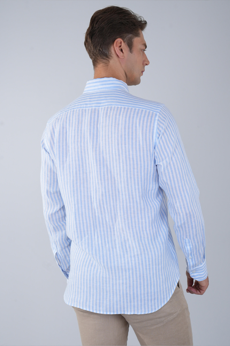 Uzun Kollu Paşa Yaka Cepsiz Sedef Düğmeli Erkek Keten Gömlek Mavi - 2