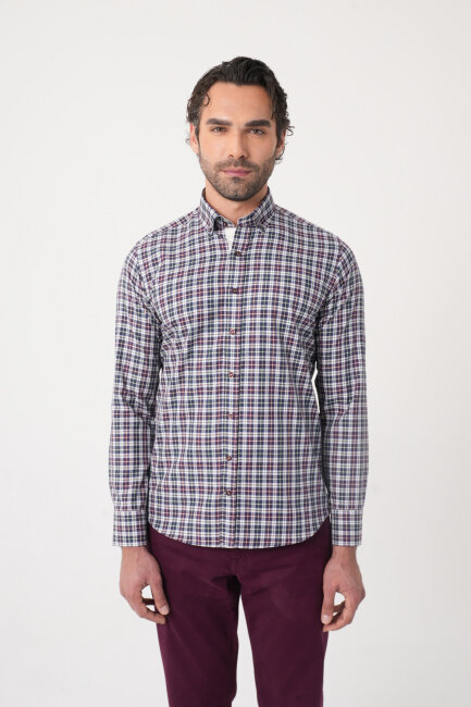 Uzun Kollu Paşa Yaka Regular Fit Erkek Bordo Gömlek - 1