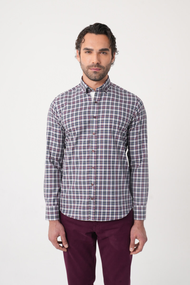 Uzun Kollu Paşa Yaka Regular Fit Erkek Bordo Gömlek - 1