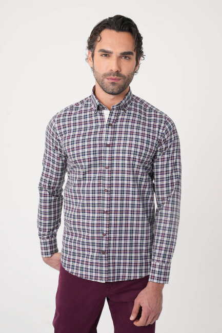 Uzun Kollu Paşa Yaka Regular Fit Erkek Bordo Gömlek - 2