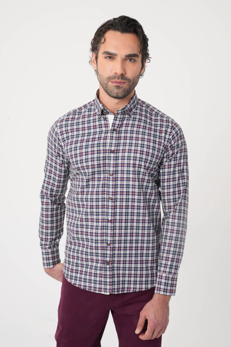 Uzun Kollu Paşa Yaka Regular Fit Erkek Bordo Gömlek - 2