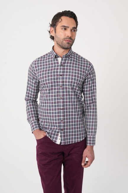 Uzun Kollu Paşa Yaka Regular Fit Erkek Bordo Gömlek - 5