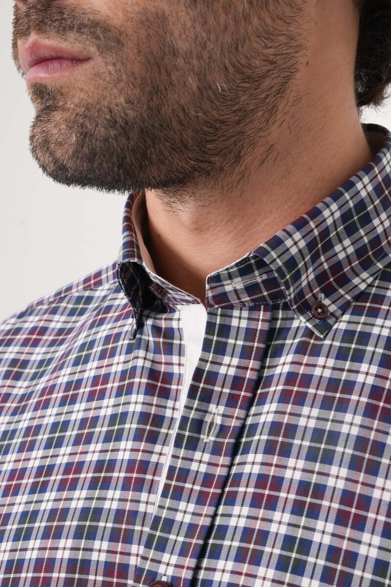 Uzun Kollu Paşa Yaka Regular Fit Erkek Bordo Gömlek - 7