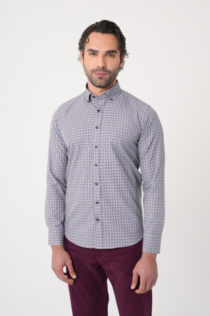 Uzun Kollu Paşa Yaka Regular Fit Erkek Gri Gömlek - 2