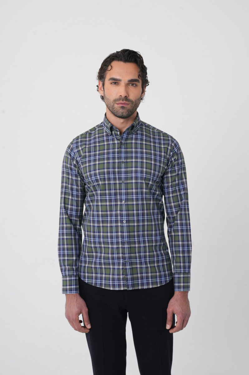 Uzun Kollu Paşa Yaka Regular Fit Erkek Haki Gömlek - 1