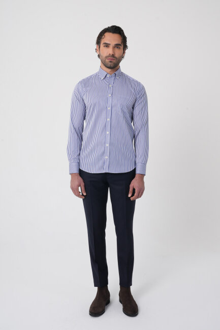 Uzun Kollu Paşa Yaka Regular Fit Erkek Lacivert Gömlek - 3