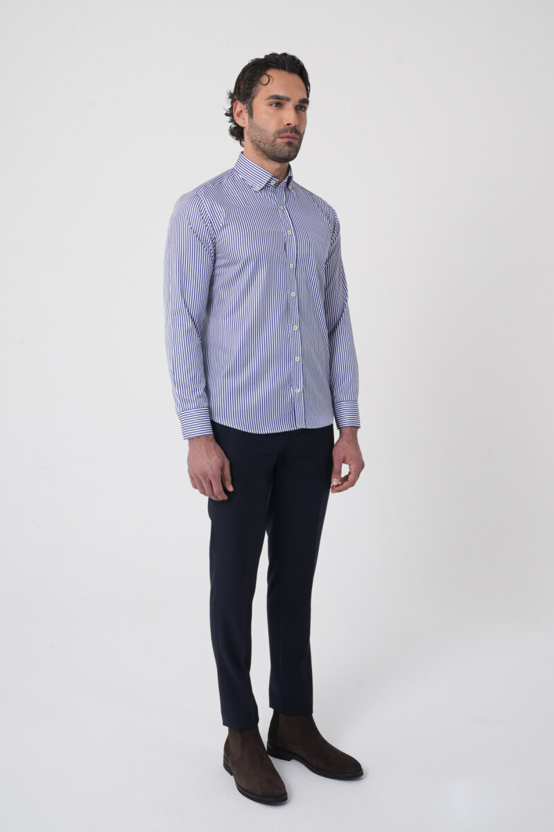 Uzun Kollu Paşa Yaka Regular Fit Erkek Lacivert Gömlek - 4