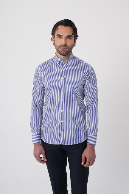 Uzun Kollu Paşa Yaka Regular Fit Erkek Lacivert Gömlek - 1