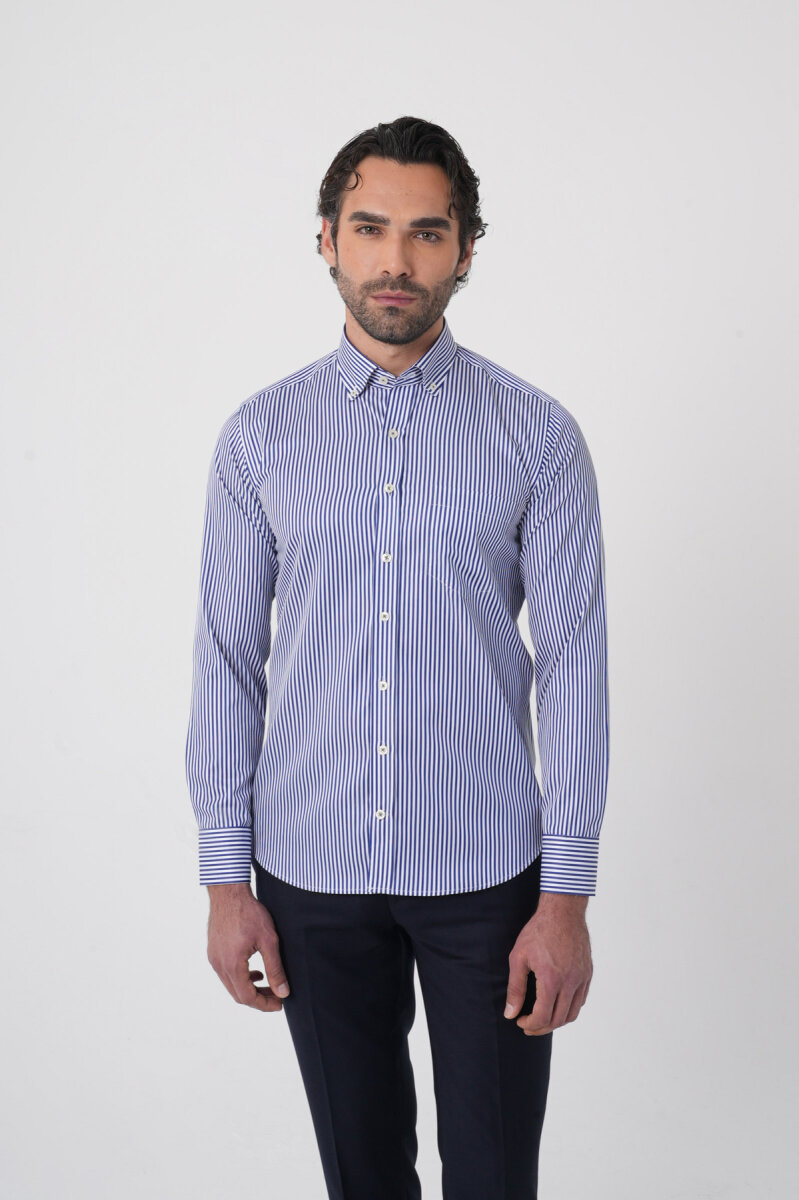 Uzun Kollu Paşa Yaka Regular Fit Erkek Lacivert Gömlek - 1