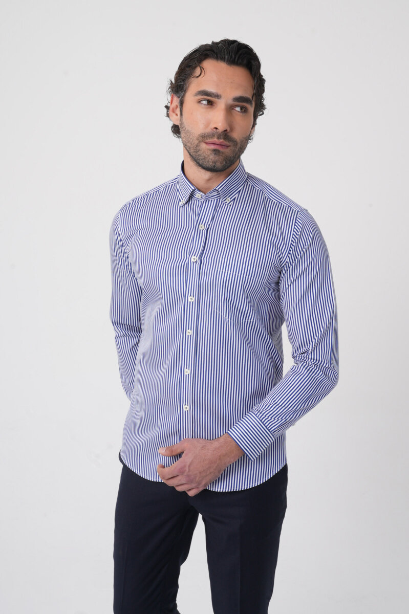 Uzun Kollu Paşa Yaka Regular Fit Erkek Lacivert Gömlek - 2