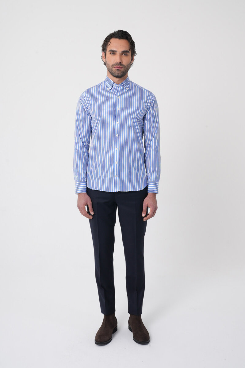 Uzun Kollu Paşa Yaka Regular Fit Erkek Mavi Cepli Gömlek - 3